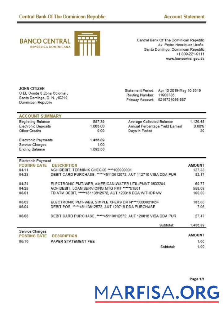 Printable Dominican Republic Central Bank of The Dominican Republic bank statement word download for verification